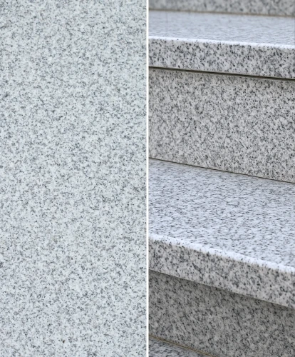 Podstopnica granitowa płomieniowana G603 150x15x2, szary granit, na tle nowoczesnej aranżacji schodów zewnętrznych.