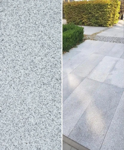 Płytka granitowa G603 60x60 cm na tarasie, szary granit płomieniowany, w nowoczesnej aranżacji ogrodu.
