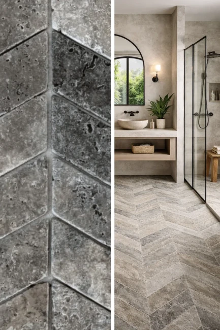 Trawertyn Silver Bębnowany Chevron 7,5x30,5x1 cm