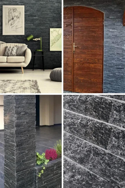Kamień Elewacyjny Dekoracyjny Kwarcyt Stackstone Czarny Naturalny 10x36x0,8-1,3 cm