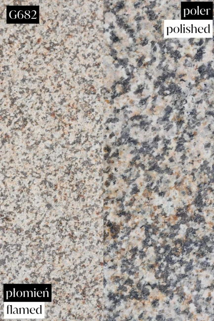Zestaw Schodów Granitowych G682 Bullnose – Stopień Płomieniowany + Podstopień Polerowany | 135x35x2 / 135x15x2 cm