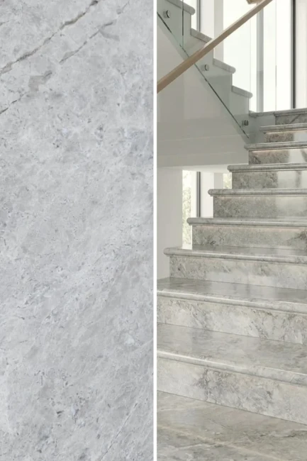 Zestaw Stopień + Podstopień Marmur Tundra Grey Polerowany Bullnose | 135x33x3 / 135x16,5x2 cm