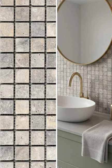 Mozaika Trawertynowa Silver Ash Premium 2,3x2,3 Bębnowany | 30,5x30,5x1 cm