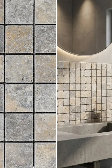 Mozaika Trawertynowa Silver Ash Premium 4,8x4,8 Bębnowany | 30,5x30,5x1 cm