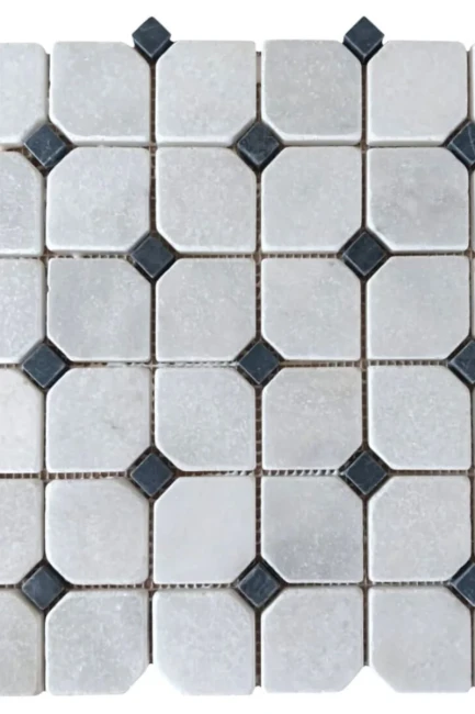 Mozaika Kamienna Carrara (z Czarnymi El.) - Octagone Bębnowany | 30,5x30,5x1 cm