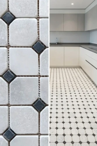 Mozaika Kamienna Carrara (z Czarnymi El.) - Octagone Bębnowany | 30,5x30,5x1 cm