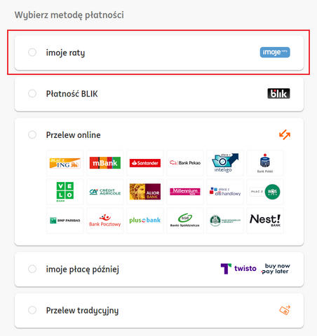 Wybór płatności imoje raty w koszyku