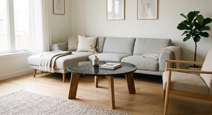Salon z jasną marmurową podłogą i elegancką aranżacją wnętrza