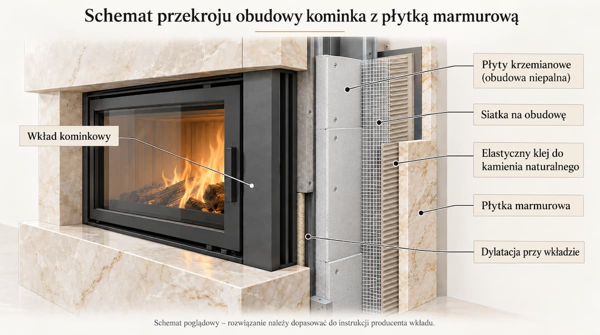 Schemat przekroju obudowy kominka z płytką marmurową: płyty krzemianowe, siatka, elastyczny klej do kamienia, płytka marmurowa i dylatacja przy wkładzie