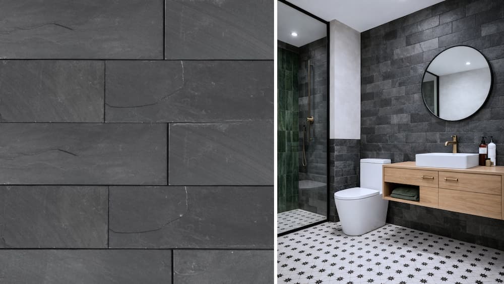 Aranżacja łazienki z czarnym łupkiem Black Slate Brick, jasnym drewnem i złotymi dodatkami